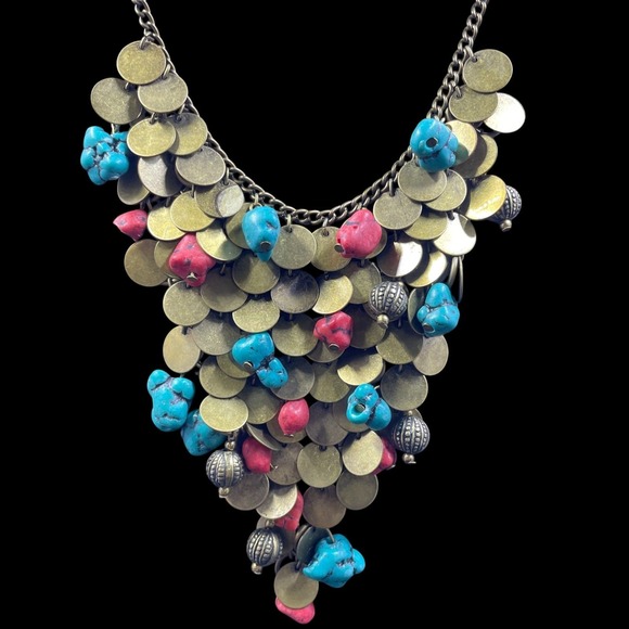 Boho Coin Statement Necklace Turquoise Coral Skull Beads Festival Jewelry Gothic - Picture 2 of 7